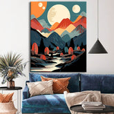 Painting by numbers - Minimalist landscape: mountains, sun, day and night, boho-midcentury art